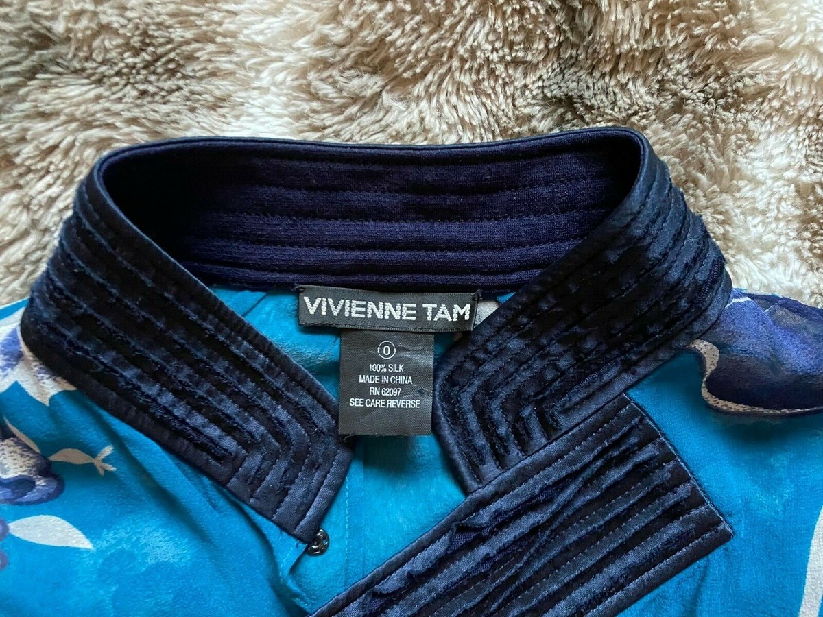トップス Vivienne Tam Floral Print Silk Blouse VTG Vivienne Tam Blue Floral Silk Sheer Oriental 3/4 Sleeve