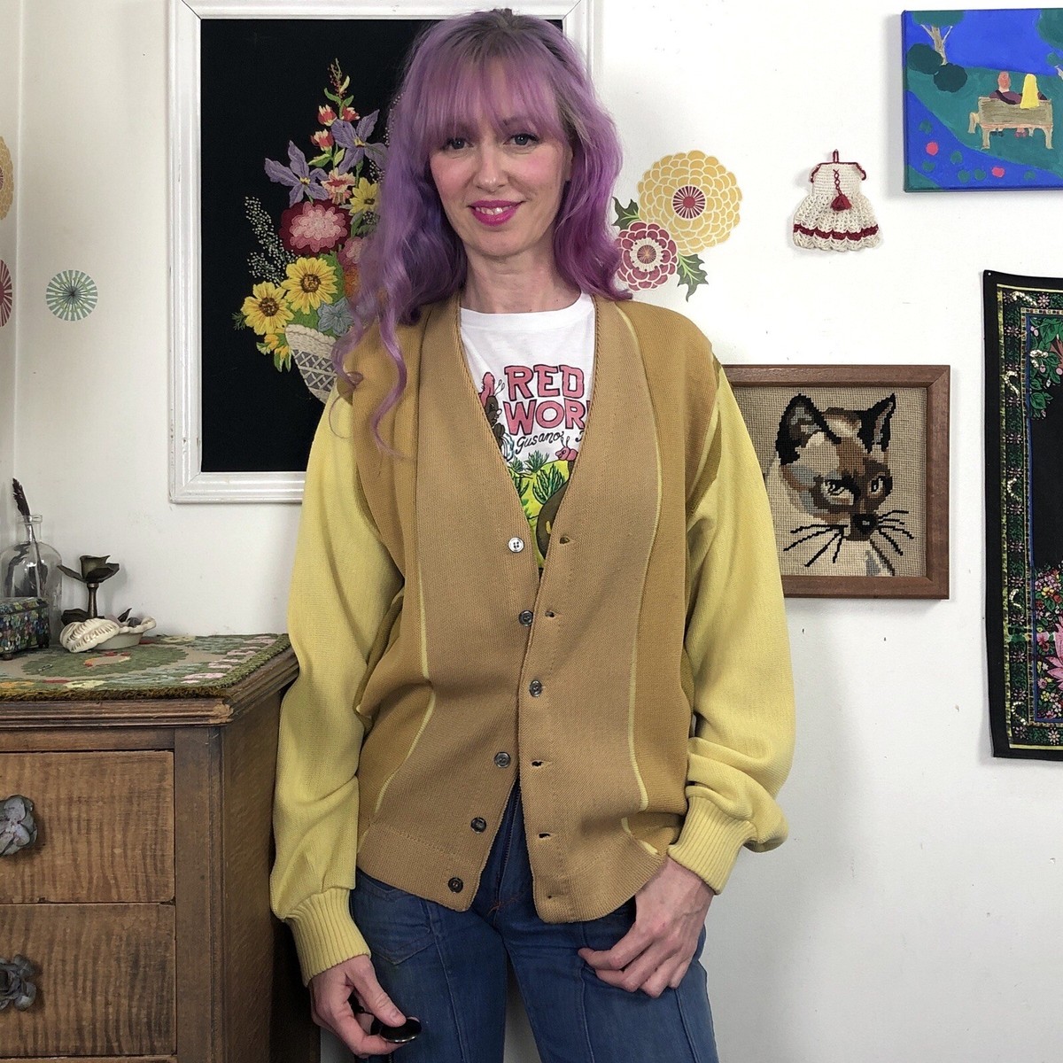 Vintage Grunge Style Cardigan, 1960s Mustard Yellow Sweater Super