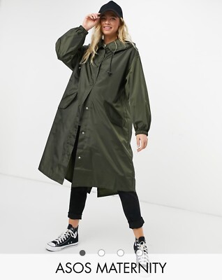 ASOS Design Maternity Hooded Rain Parka Rain Jacket Khaki Women US Long  New