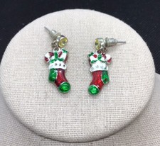 Vintage Christmas Holiday Costume Enameled Rhinestone Stocking Drop EarringsZ868