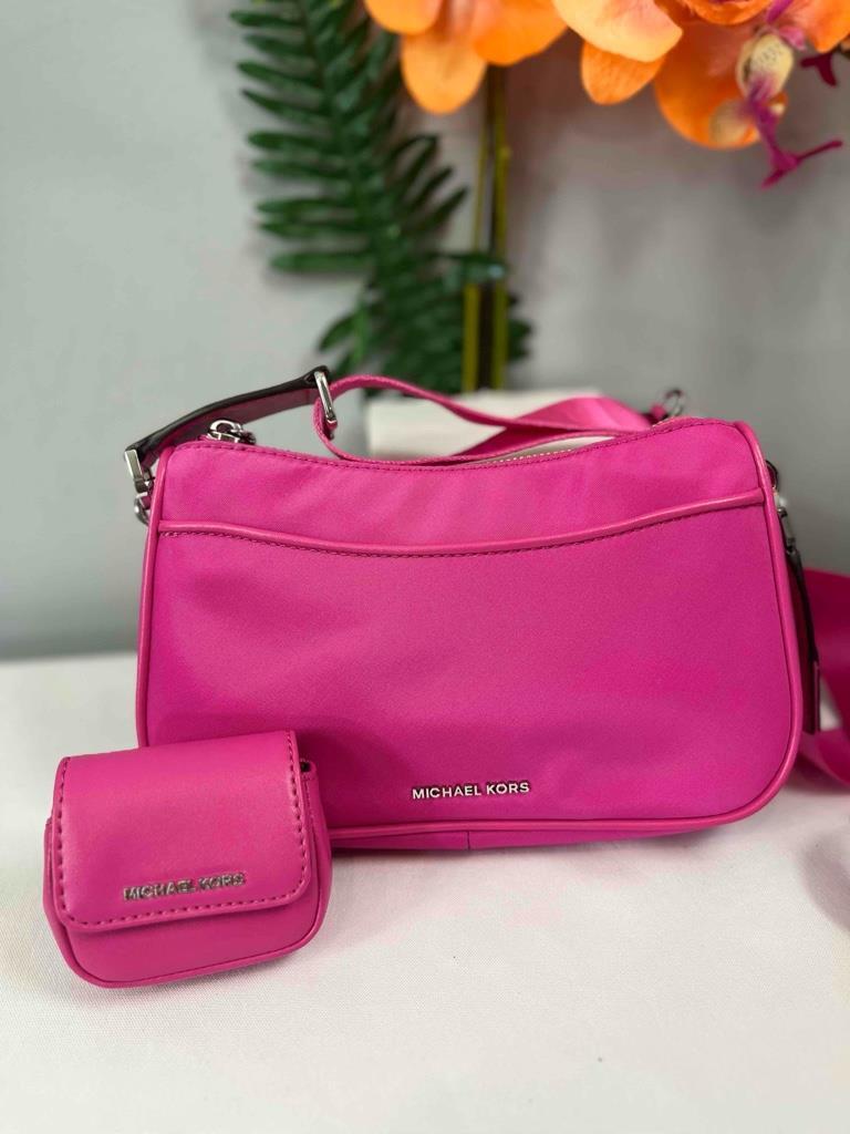 MICHAEL KORS Jet Set Hot Pink Nylon Crossbody Bag w. Apple AirPods Pro Case-image