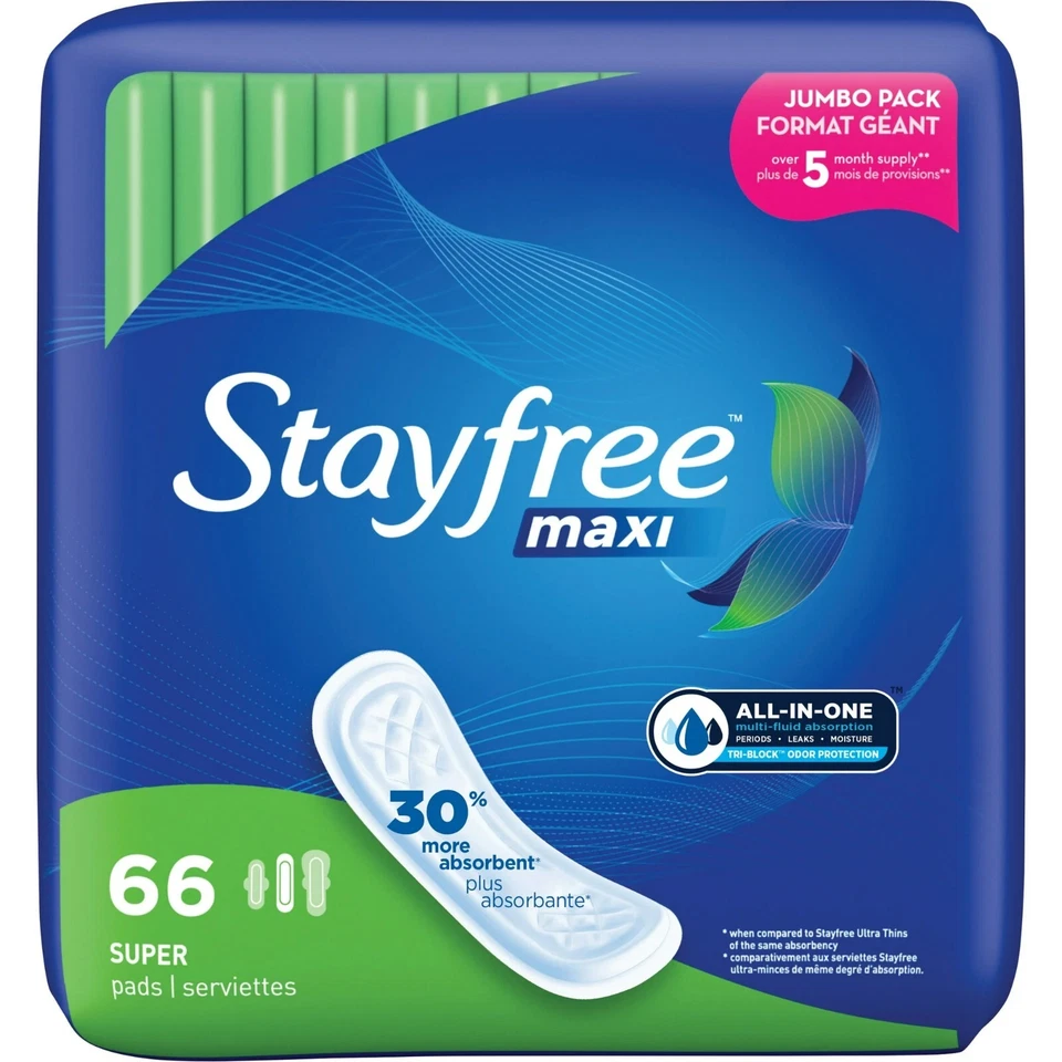 Maxi almohadillas Stayfree para mujer, absorción súper protección - 66 unidades Foto 2 de 4