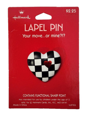 Hallmark PIN Valentines Vintage HEART CheckerBoard BLACK & WHITE 1989 Brooch NEW