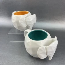 Avon Cubist Yellow & Green Pair Of Elephant Coffee Cup Mug Planter Ceramic Mod