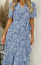 Short Sleeve Floral Maxi Wrap Dress In Blue 556