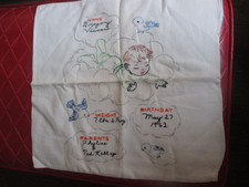 MCM Vintage BABY BIRTH RECORD Embroidered PILLOWCASE/COVER - 1960's