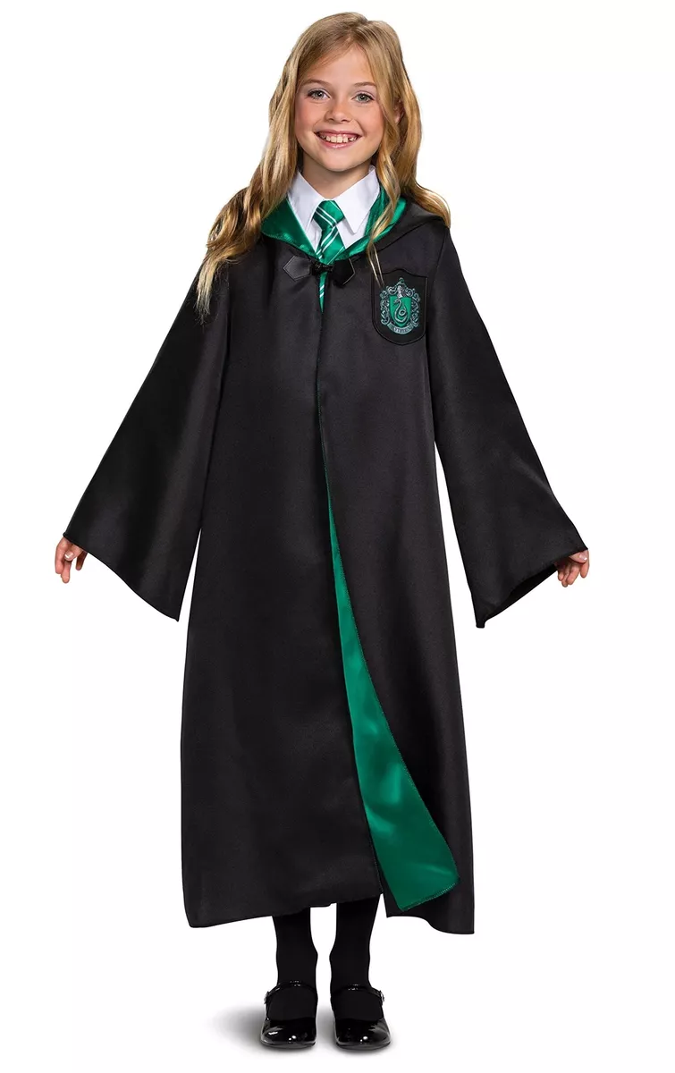 Harry Potter Slytherin Costume Black and Green Long Robe with Hood 