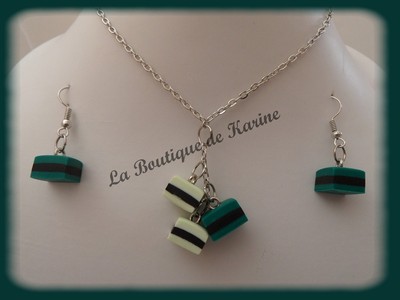 Parure Enfant Fantaisie En Fimo – Collier + Boucles D'oreilles Bonbons Réglisse Vert
