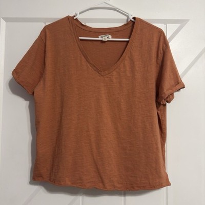 Goodthreads Women s V-Neck T-Shirt L Rust Orange Slub Cotton Tee 21x23 Casual