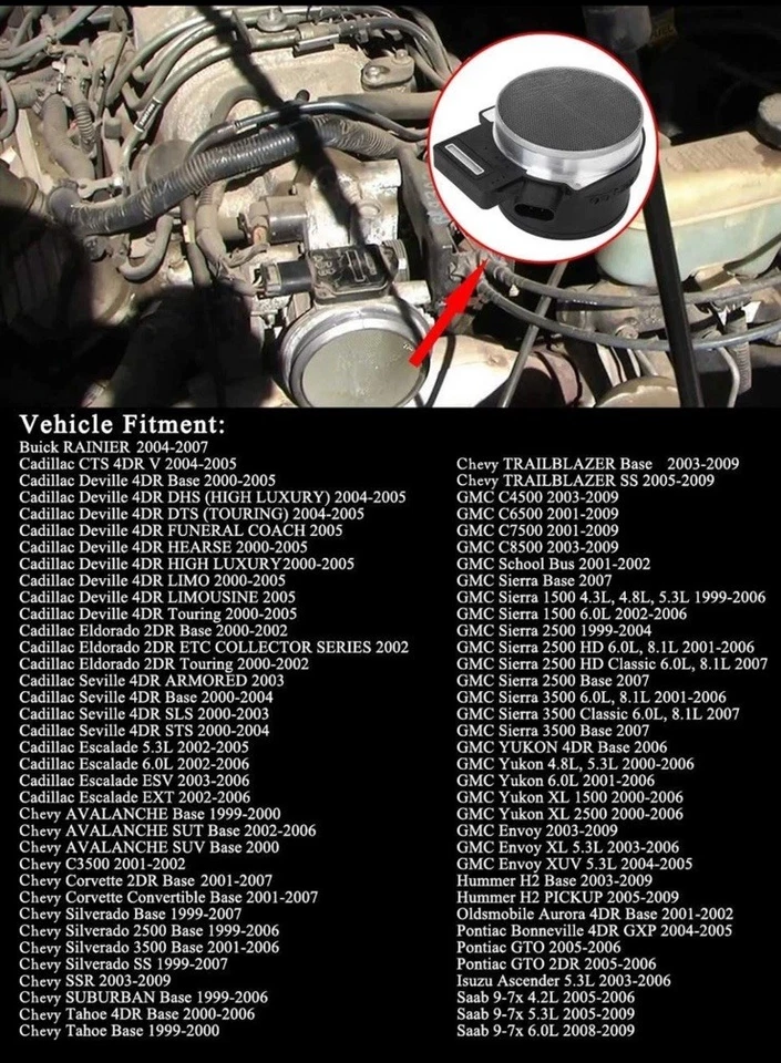 25168491 AF10043 MAF Mass Air Flow Sensor for Buick Rainier Cadillac CTS Devi... Foto 2 de 4