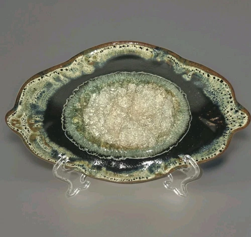Art Pottery Trinket Tray Dish Crackle Glass Geode Center Drip Glaze Keys Coins