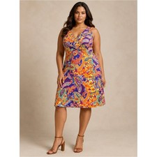 Ralph Lauren Sleeveless Paisley V-Neck Midi Dress in Orange, Purple & Yellow