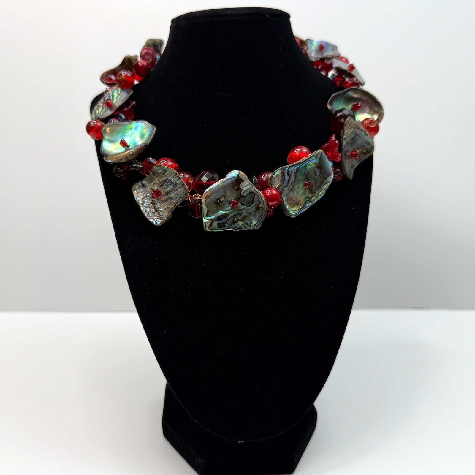 Abalone Shell Collar Necklace Statement Red Cryst… - image 1