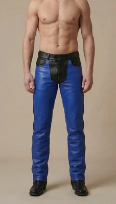 Pantalon en cuir de motard bleu et noir pour hommes | Pantalon contrasté en... - Photo 1/4