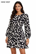 Nine West Elegant Black & White Flowy Dress | Tie-Back Waist | Size Small |
