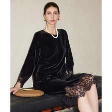 Women's Silk Velvet Long Sleeve Loose Casual Dress Winter Lace Silk Midid Dress