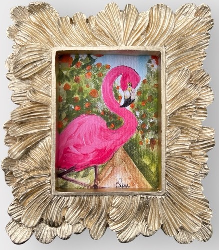 Pink Flamingo in Orange Grove watercolor print in mini vintage style frame - Picture 2 of 5