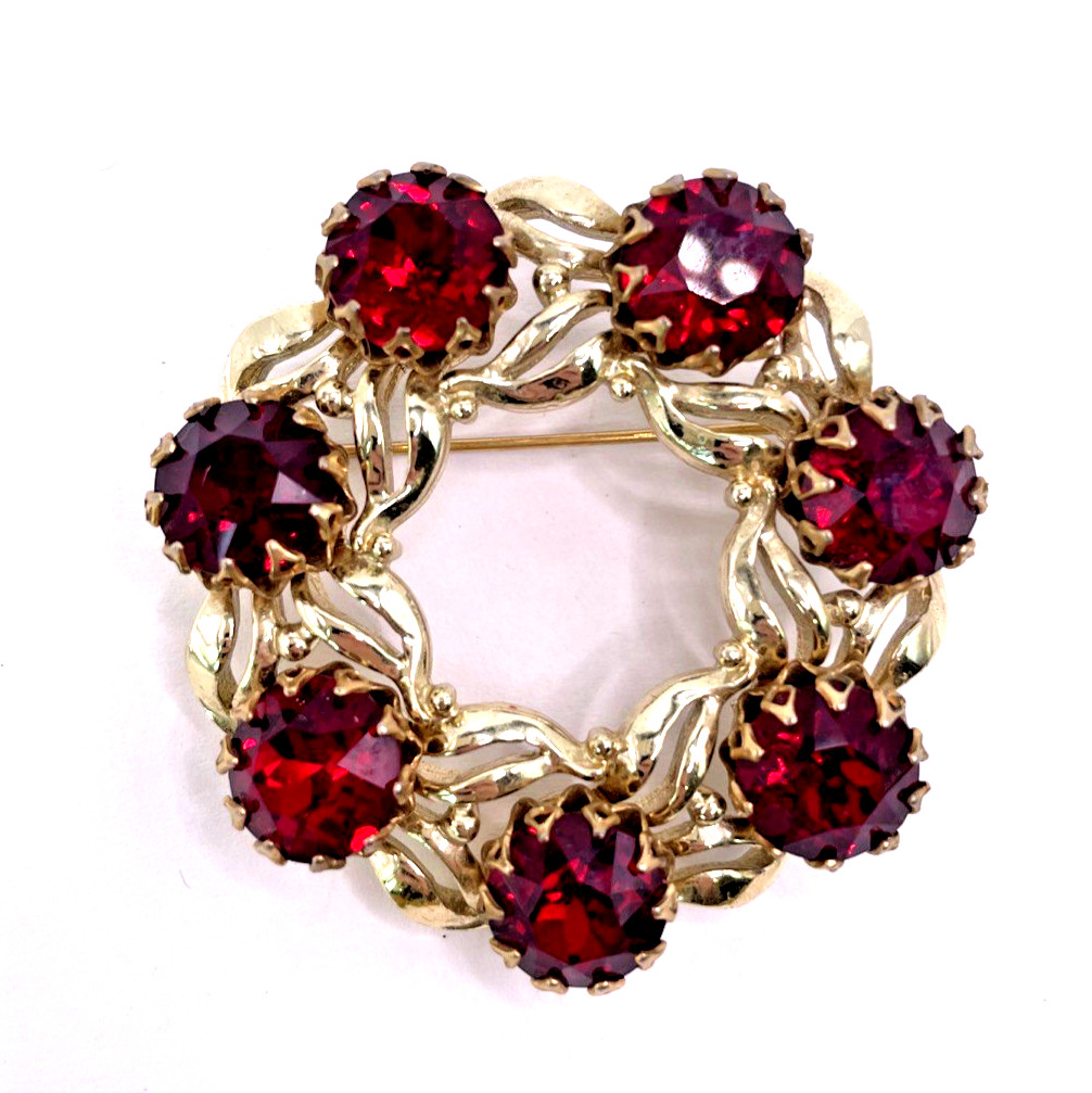 Signed Kramer-Headlight Red Round Rhinestones Pro… - image 1