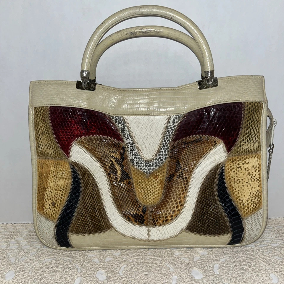 Cartera/bolso de mano de piel de serpiente exótica natural beige original de Caprice Patchwork Foto 4 de 4