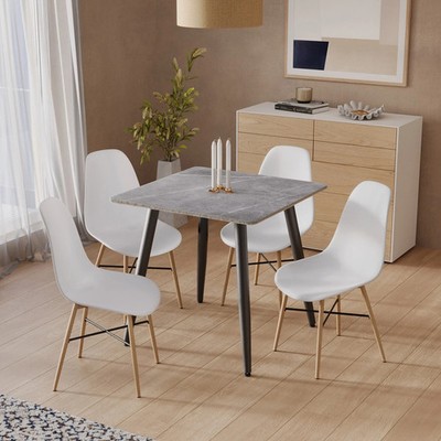 Moderner grauer Keramik Esstisch mit 4-teiliger Lounge Stühle Set mit Massivholzbeinen