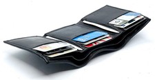BLACK MENS LEATHER CREDIT CARD HOLDER SLIM TRIFOLD WALLET ID BADGE