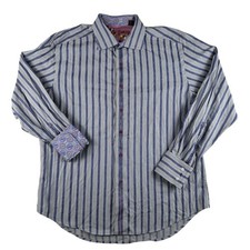 Robert Graham Dress Shirt Mens XL Blue Stripe Long Sleeve Flip Cuff Cotton Silk
