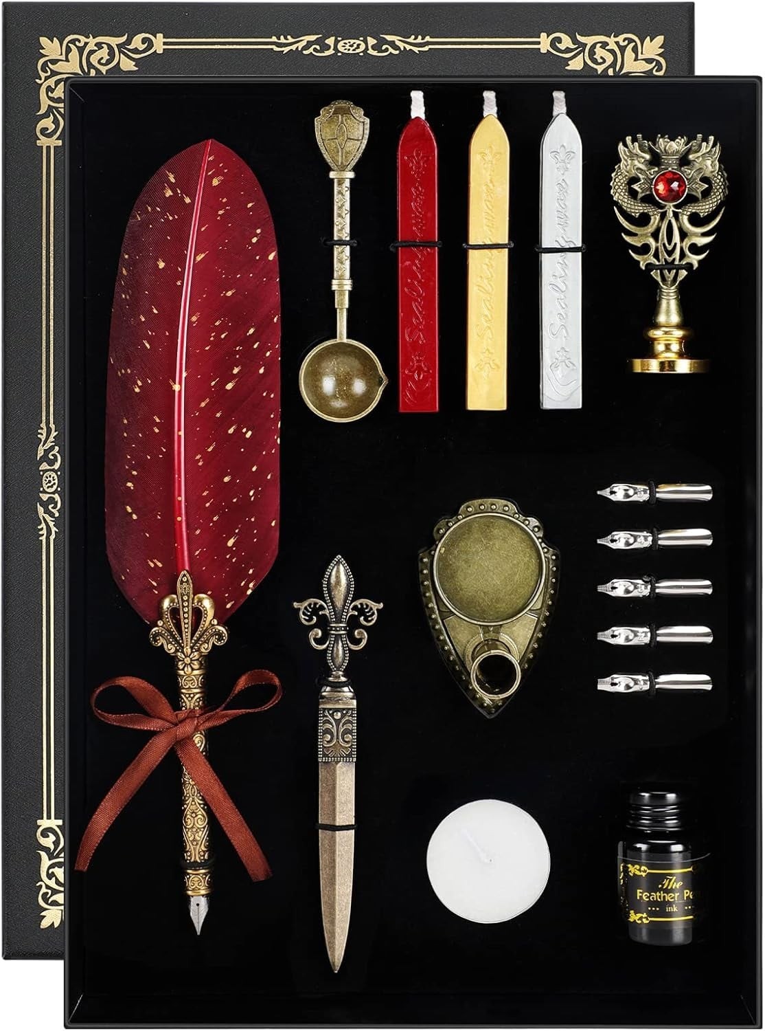 Quill Pen and Ink Set - Feather Calligraphy Dip Fountain Pen with Wax Seal Stamp