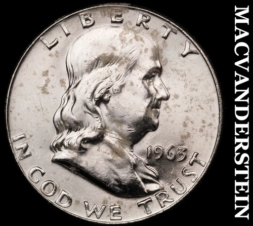 1963-D Silver Franklin Half Dollar - Splotchy  Choice Gem Brilliant Unc  #G8235