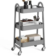 3 Tier Utility Rolling Cart, Metal Mobile Storage Shelf with Lockable Caster ...
