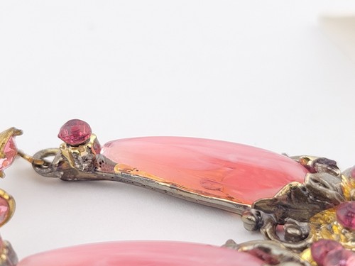 Tarnished Vintage Pink Jelly Belly Rhinestone Flower 2" Chandelier Earrings - Imagen 10 de 12