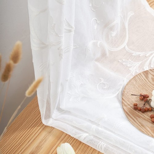 Sheer Curtains White 63 Inch Embroidered Floral, Rod Pocket Voile Drapes for ... - Bild 4 von 9