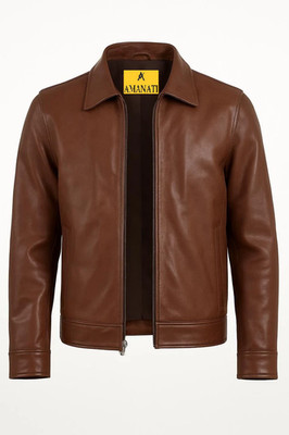 Leather Jacket Men's Classic Biker Motorcycle Bomber Men Racer Soft Zip Brown 37