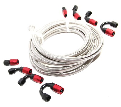 12FT AN4 SS Braided Line+8PCS AN4 BLACK/RED Swivel Fitting Adapters COMBO