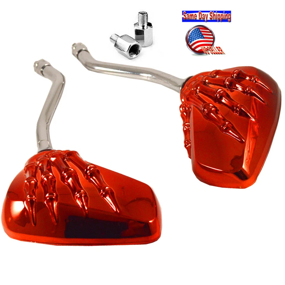 2X RED SKELETON SKULL HAND MOPED SCOOTER MOTORCYCLE REARVIEW MIRRORS 8MM 10MM - Image 4 of 4