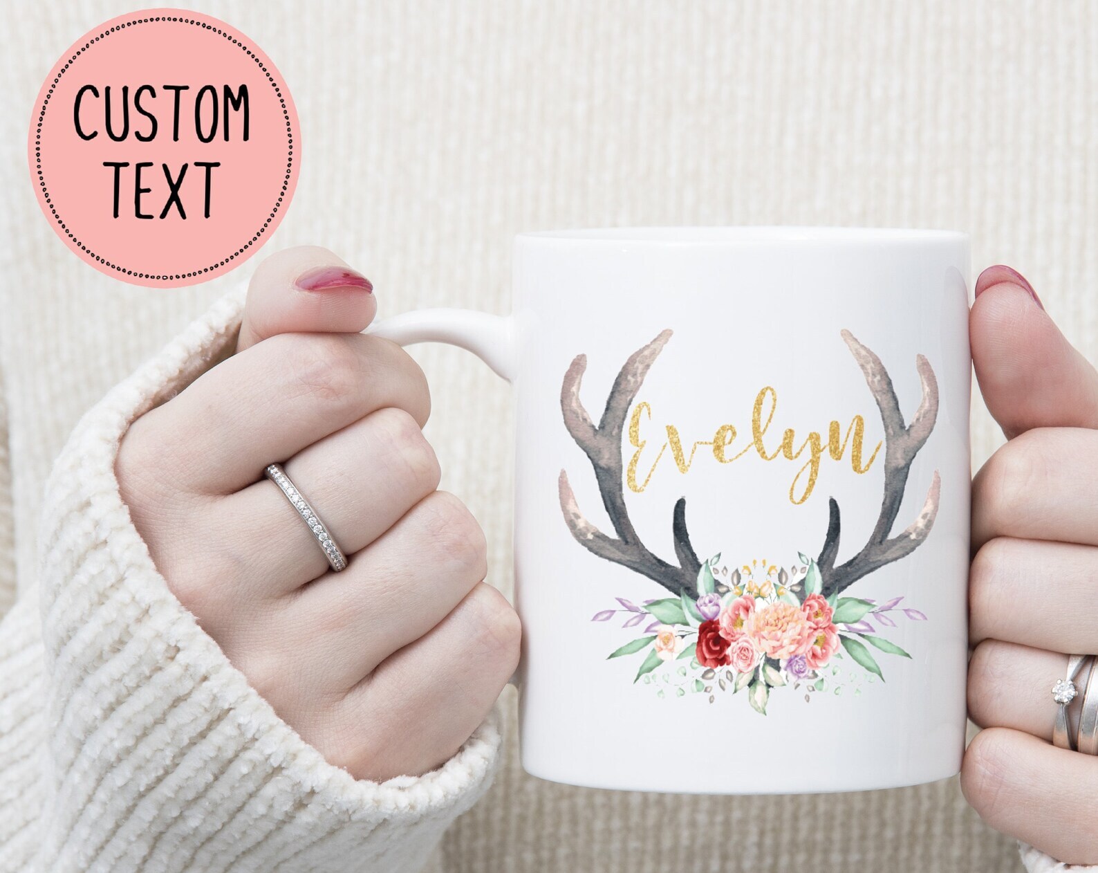 Personalized Boho Coffee Mug Personalized Coffee Cup Gold Floral Antlers Floral