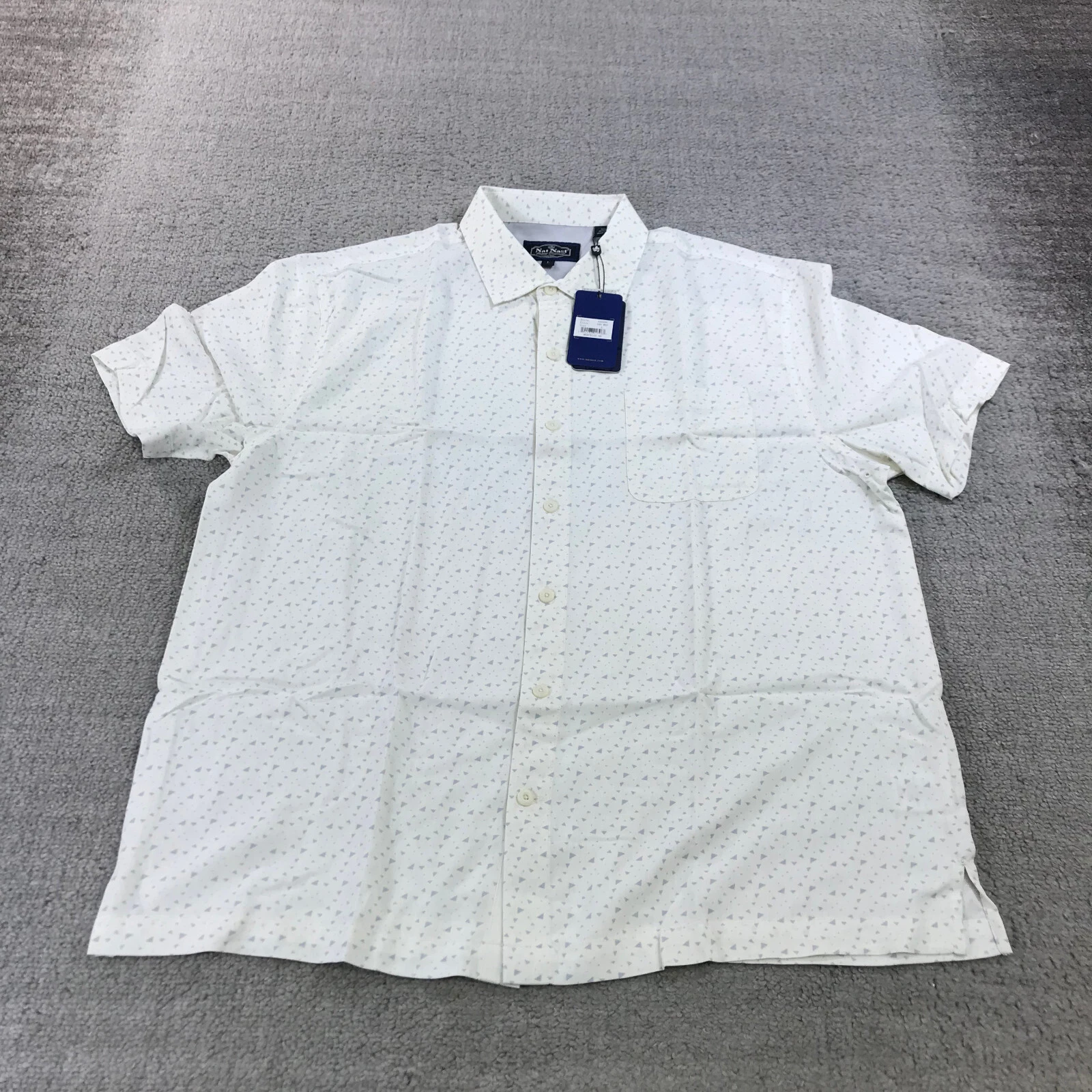 Nat Nast Shirt Mens Large Button Up Hawaiian Camp Triangle Blue White Casual