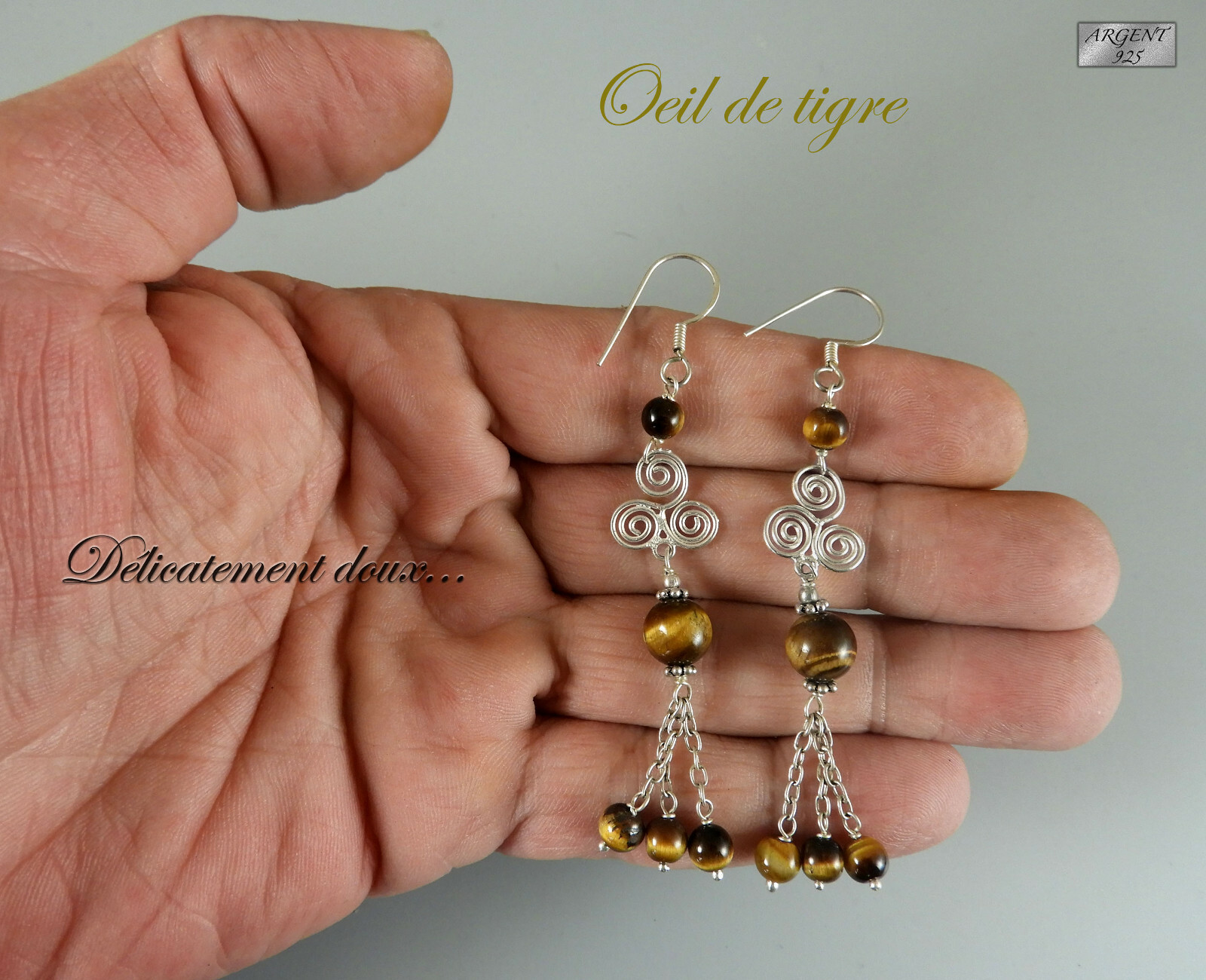 Boucles d'oreilles longues oeil de tigre et argent 925 pour illuminer vos soirées