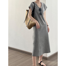 Women's Dress U-collar Solid Color Short-sleeved Casual A-line Mid-length Dress