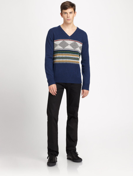 NWT BURBERRY MENS LONG SLEEVE GEOMETRIC V NECK WOOL SWEATER SZ L