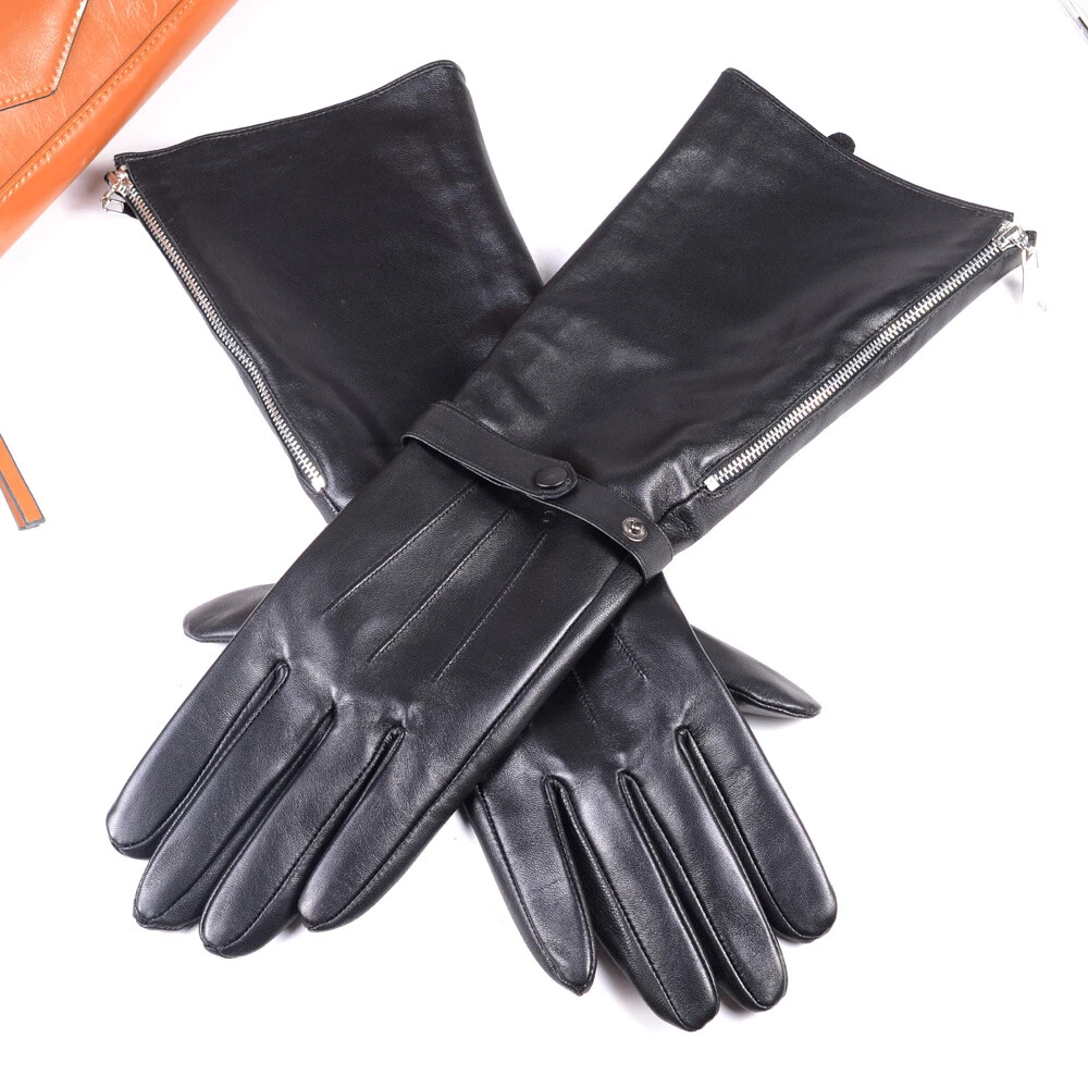 Men's Real Leather Medieval Renaissance Long Cuff Zipper Gauntlet Long Gloves