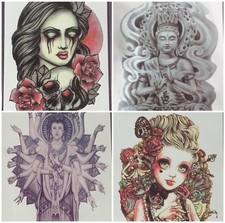 4PC. Large Temporary Tattoos Punk Buddhist Skull Rose Multi-Color Trendy NEW