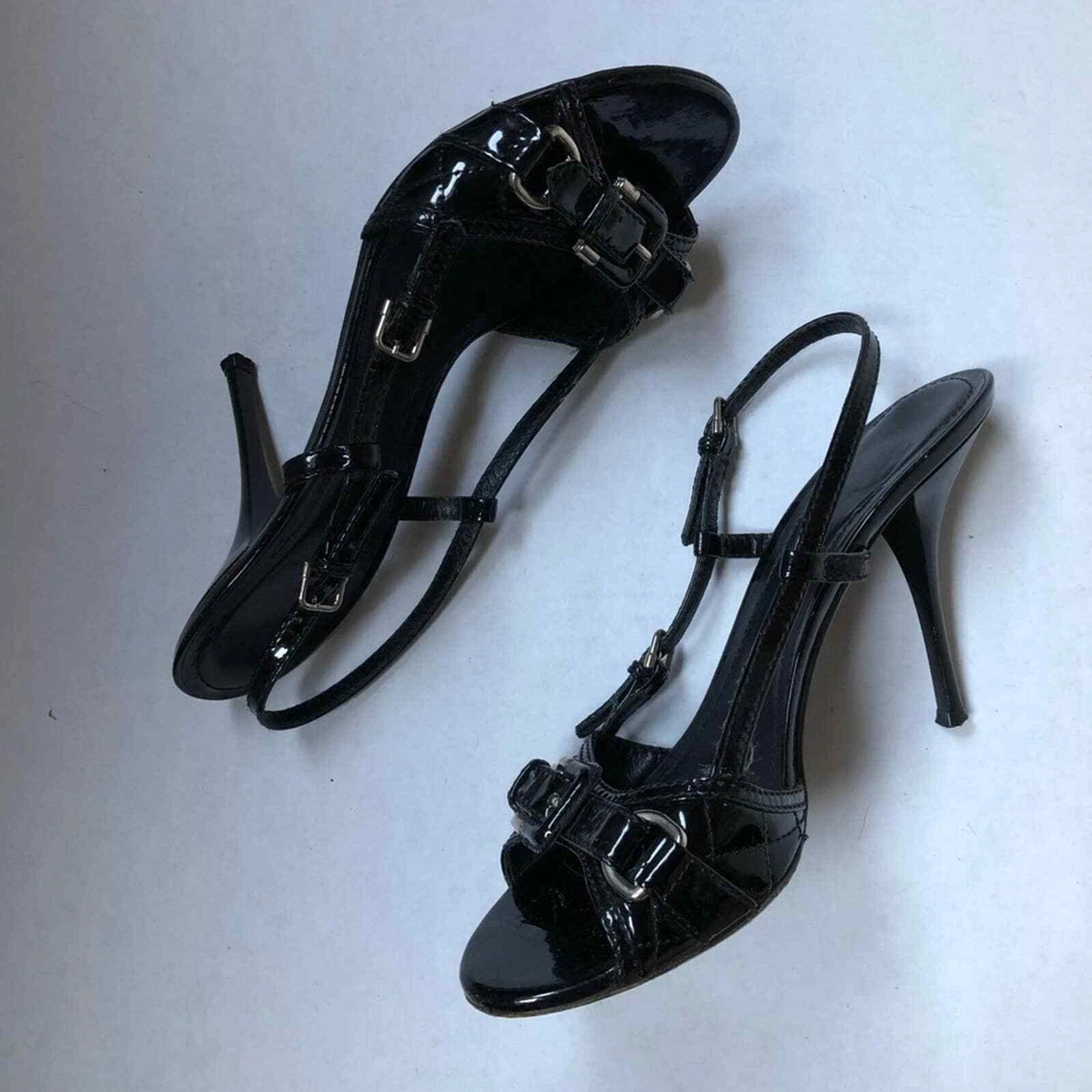 Burberry Black Leather Strappy Heels with Buckle