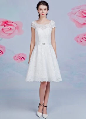 HBH Brautmode 50er halblanges Brautkleid Hochzeitskleid mit Spitze Kurz Gr.34-54 - Bild 1 von 4