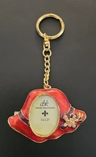 Red Hat Society Mini Picture Frame Keychain Gold Tone Enamel Red Hat, Flowers