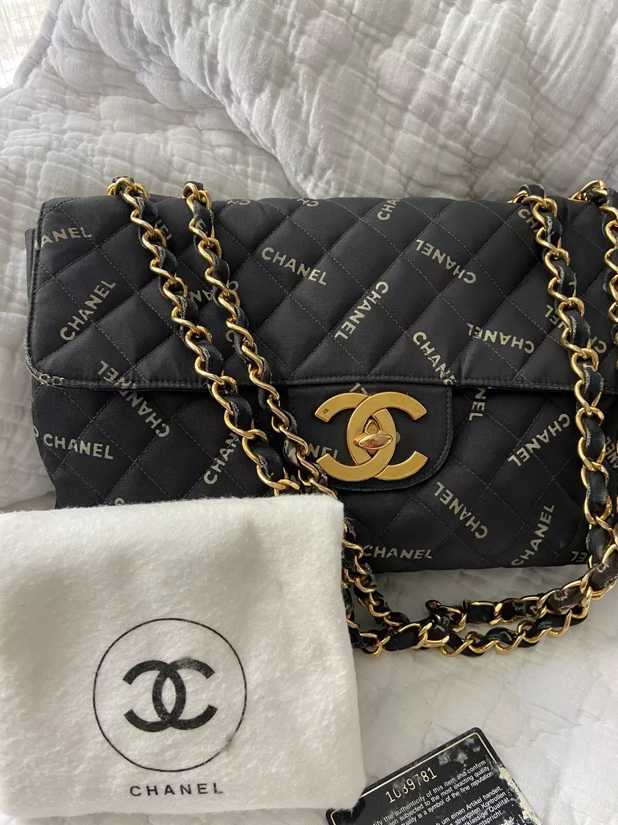 CHANEL CC BLACK LOGO LETTER PRINT VINTAGE JUMBO MAXI FLAP CHAIN SHOULDER BAG