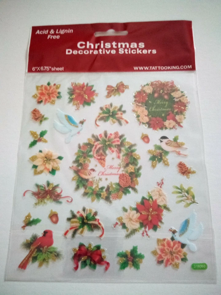 STICKER KING Crafts Stickers Christmas Wreaths Poinsettias Bows Doves Cardinal Glitter Holly
