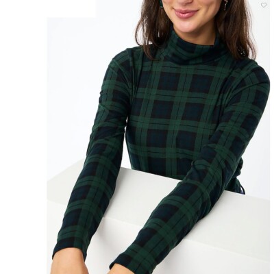 J Crew NWT Cotton Tissue Turtleneck in Black Watch Tartan Plaid | Sz L