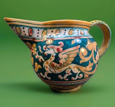 Italian Vintage Lustre Majolica Renaissance Revival Pitcher #204 Double Dragons 