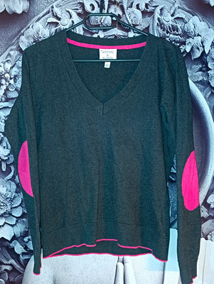 Antoni & Alison Damen Strickpullover V-Ausschnitt Langarm Grau/Pink Herz S