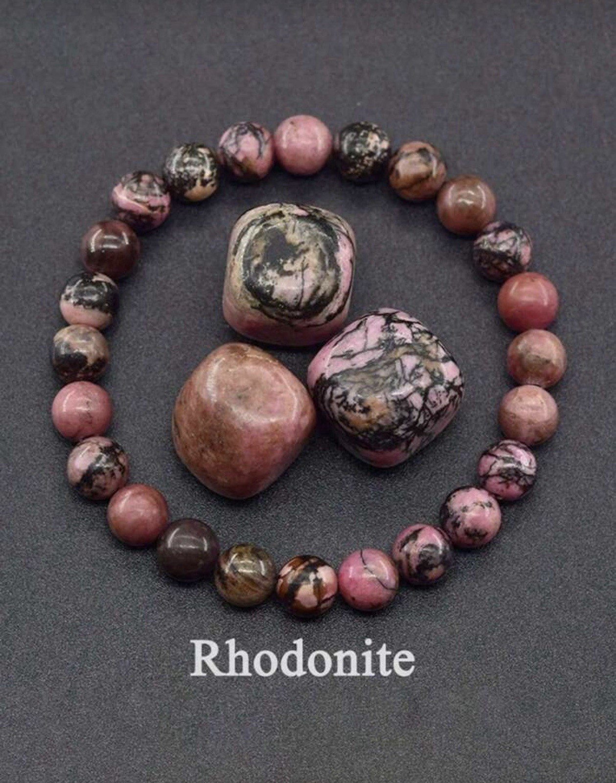 Bracelet pierres de rhodonite naturelle rose et noire pour le bien-être